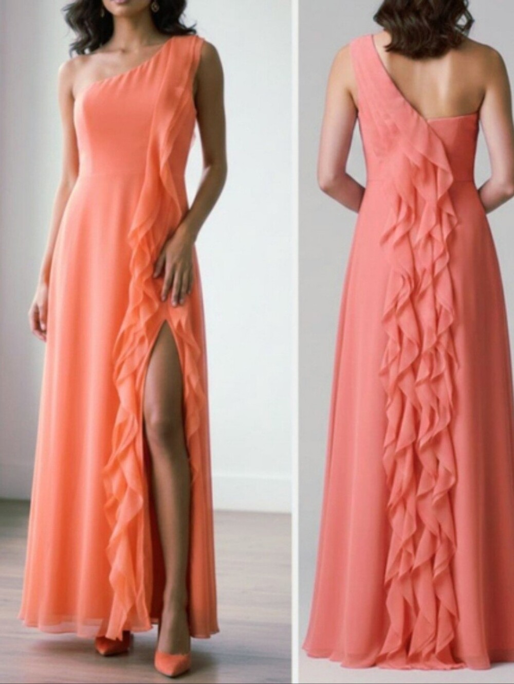 White By Vera Wang One Shoulder Chiffon Gown Ruffled Formal Dress Coral Pink 4